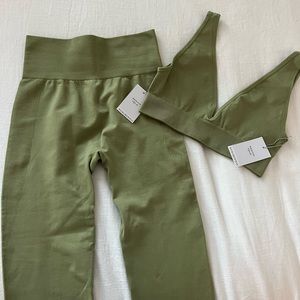 We Wore What seamless legging and v-neck bra top in Sage